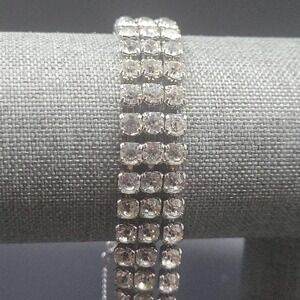 Vintage Silver Tone 3 Row Clear Rhinestone Bracelet Size 7 Old Hollywood Glamour
